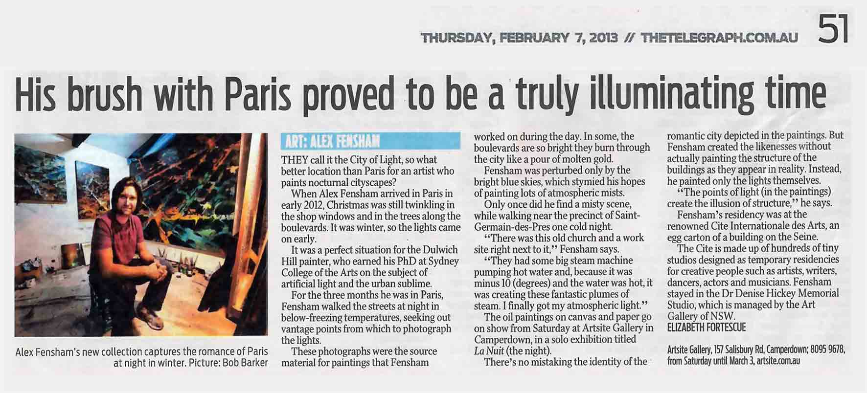 Read: Alex Fensham: La Nuit exhibition | The Daily Telegraph | His Brush with Paris proved to be a truly illuminating time | Elizabeth Fortesque | February 07, page 51 | Artsite Contemporary