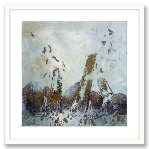 SOLD: Kerwayne Berry -Take Flight, 2015,. Bay of Fires | Mixed Media on Paper 42x42cm. Framed