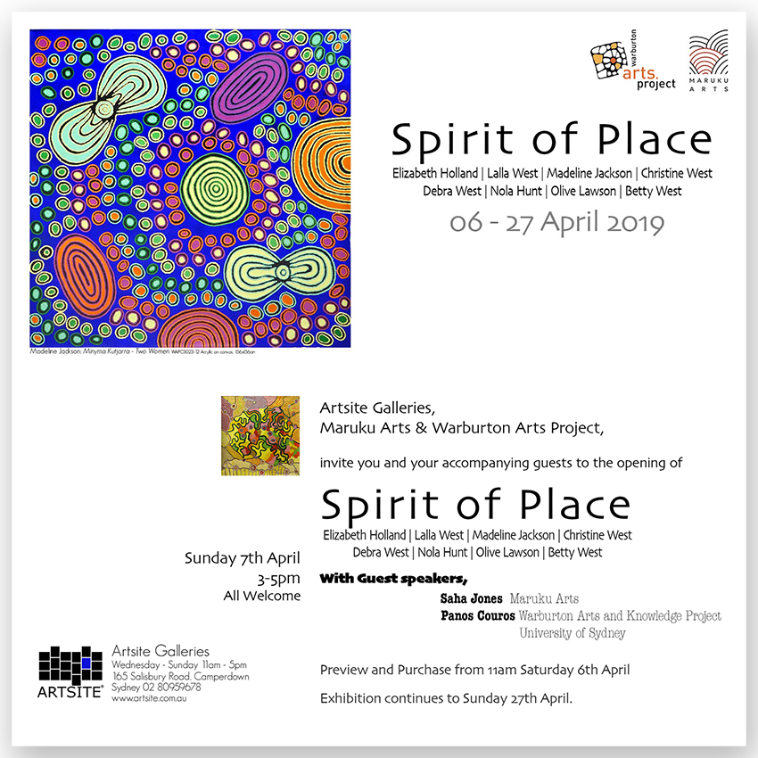 Spirit of Place | Artsite Contemporary Galleries | Sydney | 06 - 28 April 2019 | Warburton Arts Project | Elizabeth Holland | Lalla West | Madeline Jackson | Christine West | Debra West | Nola Hunt | Olive Lawson | Betty West | Maruku Arts.