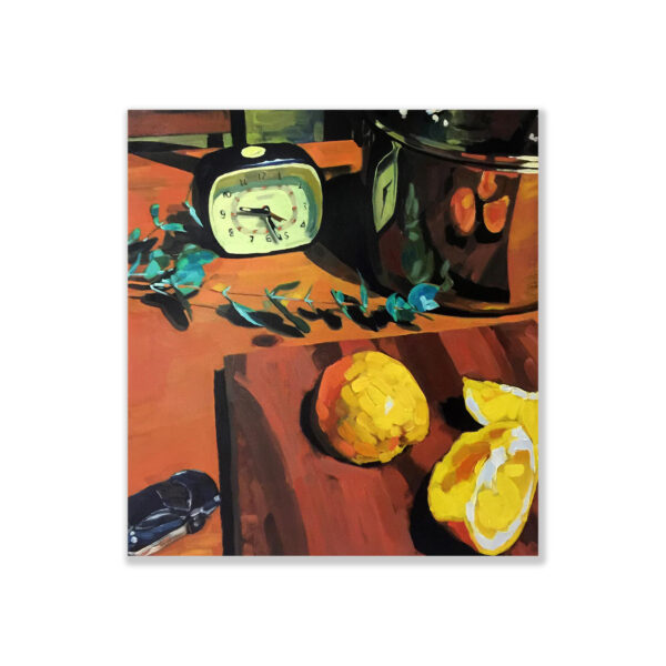 SOLD: Nikki Adams - Pot, Clock and Orange II, 2016. Oil on canvas, 76x71cm
