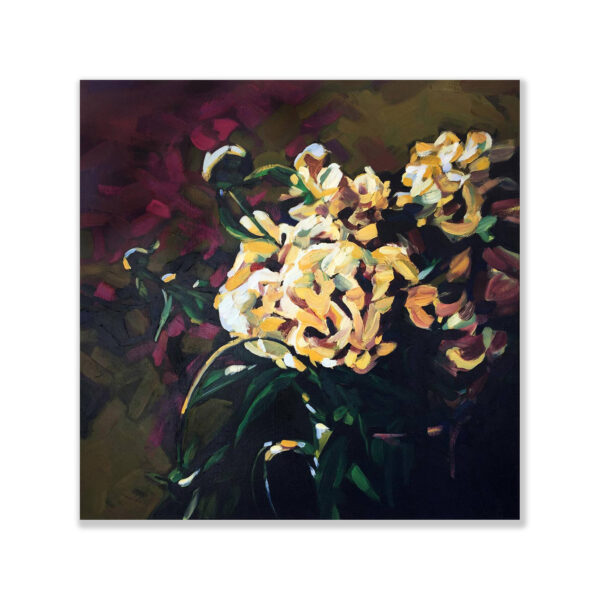 SOLD: Nikki Adams - Peonies II, 2018. Oil on linen,76x76cm.