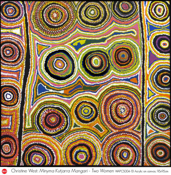 Christine West: Wati Kutjarra - Two Men (WAPCS006-12), Acrylic on canvas, 97x80cm. Purchased by Burgmann College Collection, ANU, Canberra. ACT