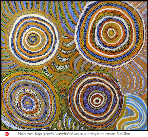 Nola Hunt: Kapi Tjukurla (waterholes) (WAPCS003-12), Acrylic on canvas, 91x101cm. Purchased by Burgmann College Collection, ANU, Canberra. ACT