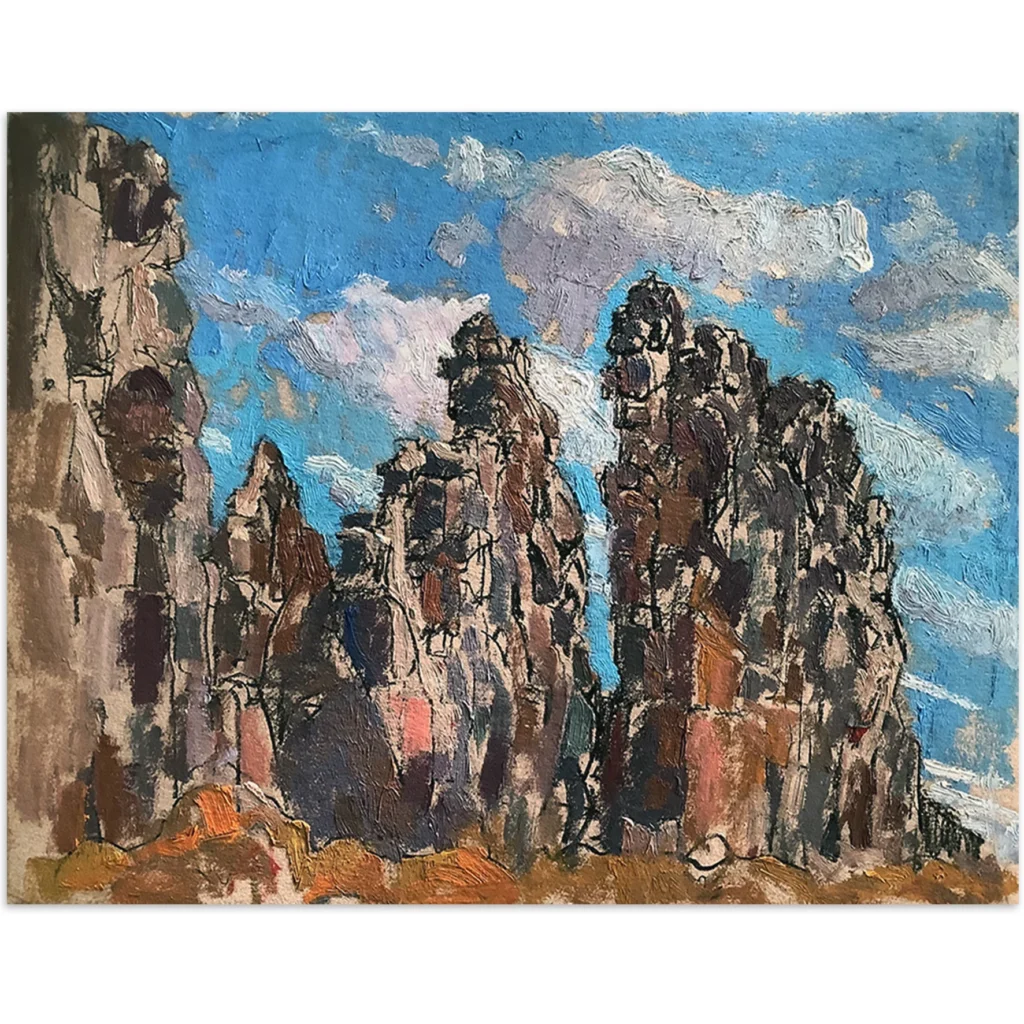 Daniel Pata: Sphinx Rock II, NT,2019.Oil on Card. Image size: 21x30cm. Framed size: 34x42cm