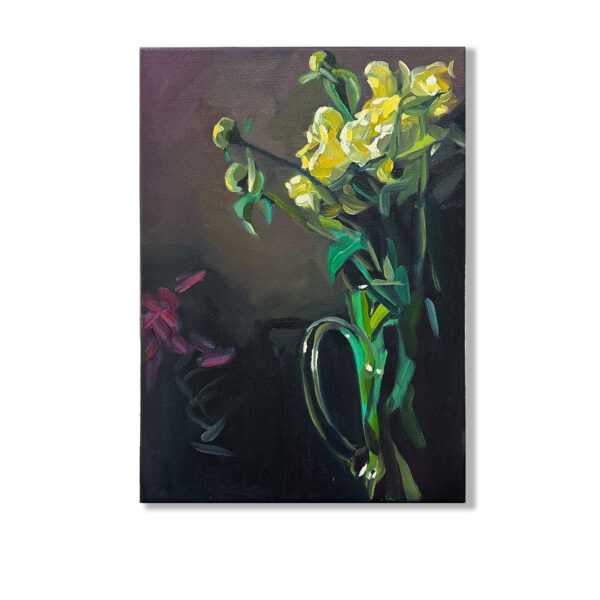 Sold ~ Nikki Adans: Peonies in the Dark, 2023. Oil on linen 56x41cm
