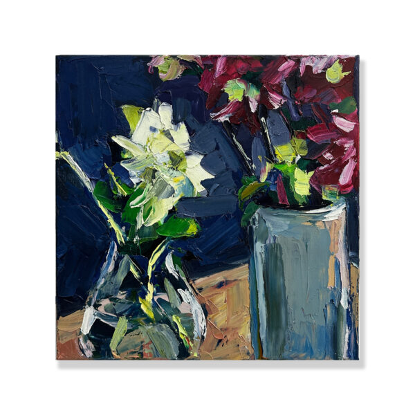 Nikki Adams: Dahlias Magenta and White, 2023. Oil On Linen 36x36cm. Collectors Choice 2023 Exhibition archive. Artsite Contemporary Galleries Sydney Australia.