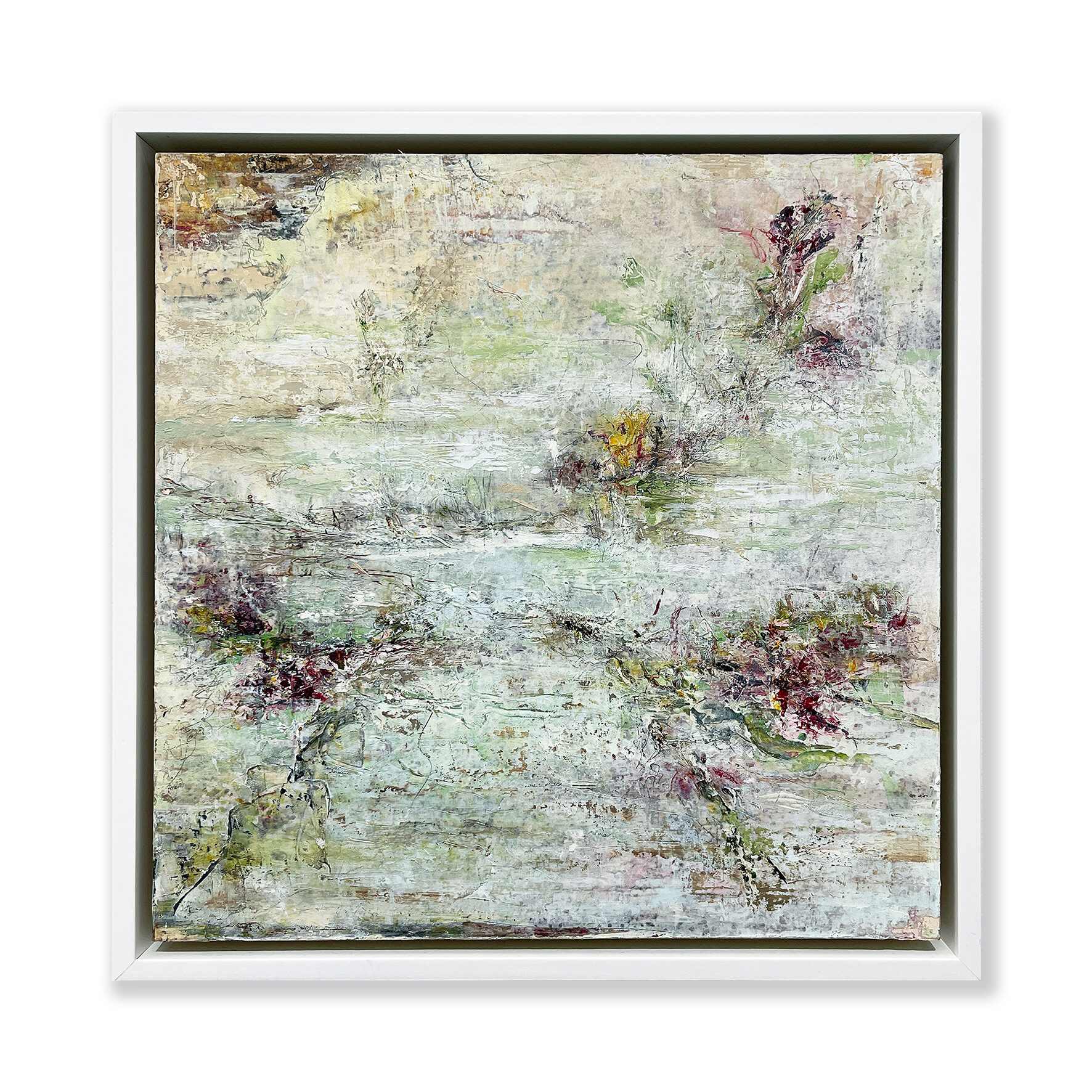 SOLD: Claudio Valenti - The Pond,2021. Oil and mixed media on panel. Framed 31x31cm. Claudio is a new Media Artist working across alternative and traditional materials. Artsite Contemporary Galleries