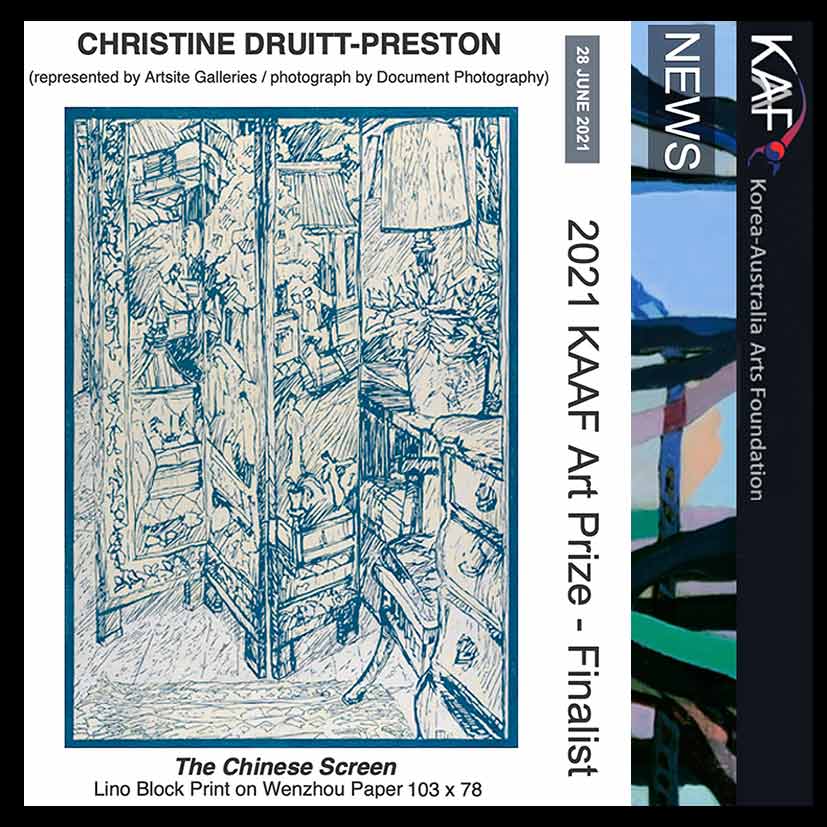 The Korea-Australia Arts Foundation announces that Christine Druitt Prestons artwork ‘The Chinese Screen‘ has been selected as a finalist for the 2021 KAAF Art Prize Exhibition.