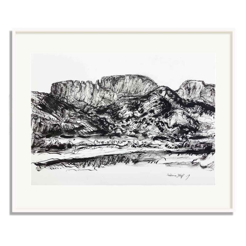 SOLD: Daniel Pata - Trephina Bluff, 2019. Ink on 100% rag paper. Image size: 30x40cm. Framed size: 49x58cm. | Oil paintings and Drawings available | Browse in Gallery | Acquire Online | Artsite Contemporary Sydney