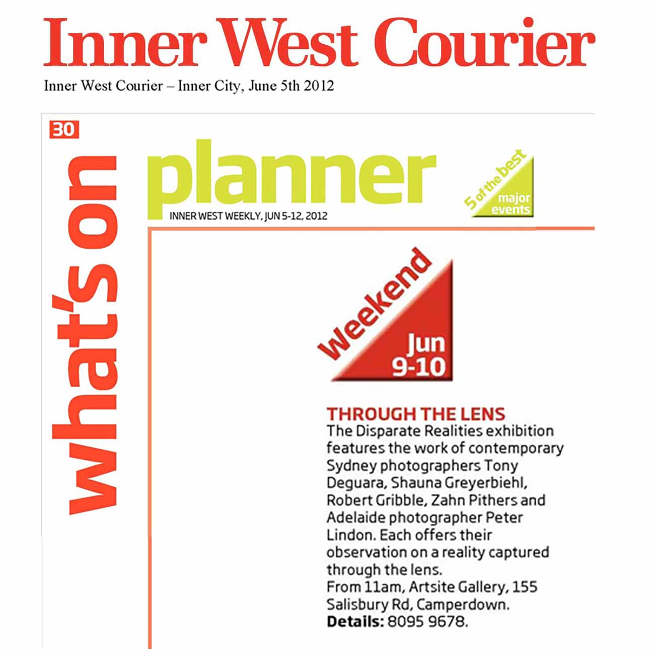 Inner West Courier | Whats On planner | 5 of the Best | Through the Lens | page 30 | June 05 - 12, 2012