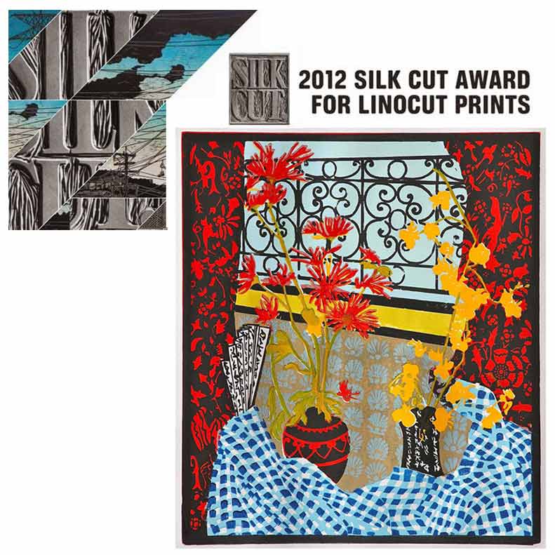 Graham Marchant, named as finalist in the 2012 Silk Cut Award, for his multiple block Lino Print Still Life with gingham cloth and calligraphy fan.