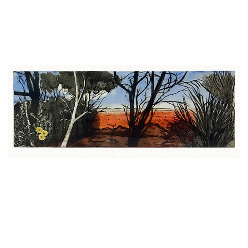 SOLD: Edith Cowlishaw - Winton, Etching/watercolour, Ed: 7. Image: 14x32cm, Framed.