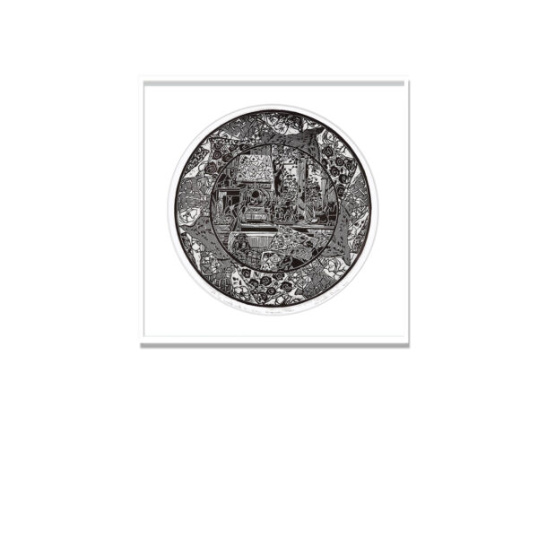 Christine Druitt Preston - Lunch with Miss Olley – Chinese Horseman. 1/5, 2018. (Framed) Lino block print on Wenzhou paper. Edition of 5. Editioned by the Artist. Image size: 28cm diameter. Framed Size: 52 x 52cm.
