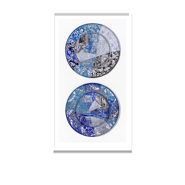 SOLD: Christine Druitt Preston - Feeling Blue, 2019. (Framed) Mixed media with collage (lino block print, gouache, tulle, stitching and beading on water colour paper)