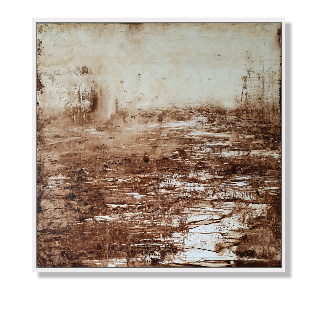 SOLD: Claudio Valenti - Brughiere (wetlands) #II, 2021. Lithographic ink on panel. Image size: 60x60cm , Framed size: 61x61cm (white).. Artsite Contemporary - your local Sydney Contemporary Art Gallery for emerging and established Australian artists.