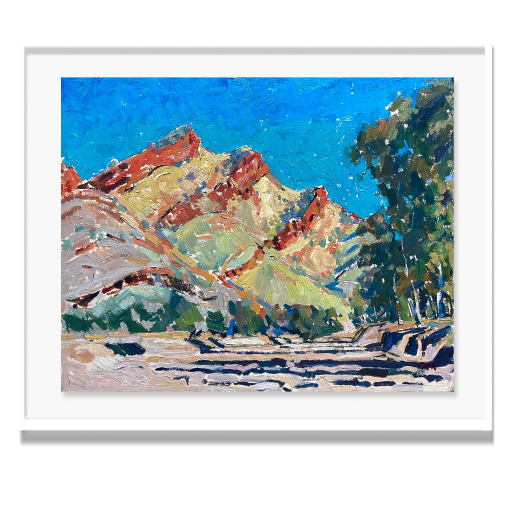 SOLD: Daniel Pata - Shadows traversing river bed, Ross River, Central Australia, 2021. Oil On Wood Panel. Image size: 36x46cm, Framed (white) size: 41x51cm. Artsite Contemporary Australia represented artist