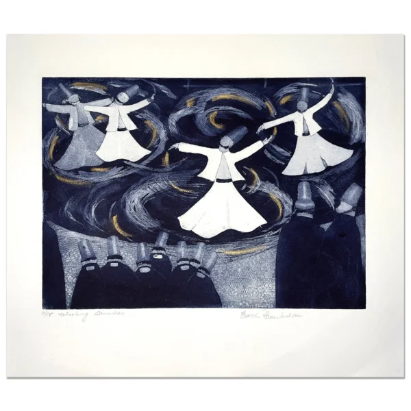 SOLD~ Edith Cowlishaw: Whirling Dervishes 11/15 Etching, aqua tint, hand coloured, Ed: 15. Image: 25x35cm. UF