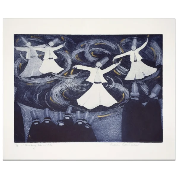 SOLD~ Edith Cowlishaw: Whirling Dervishes 2/15 Etching, aqua tint, hand coloured, Ed: 15. Image: 25x35cm. UF