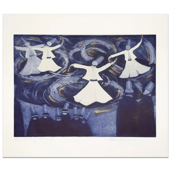 SOLD~ Edith Cowlishaw: Whirling Dervishes 4/15 Etching, aqua tint, hand coloured, Ed: 15. Image: 25x35cm. UF