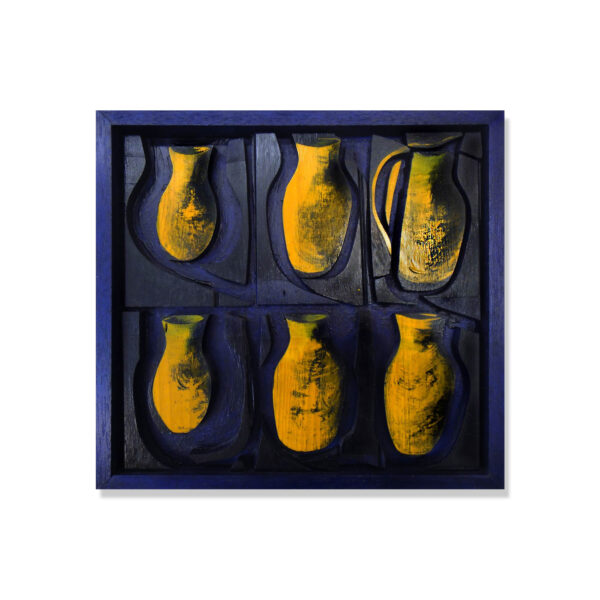 SOLD: Madeleine Tuckfield-Carrano ~ Six vases waiting for Flowers, 2015. Mixed Media Assemblage. Image Size: 28x30cm. Framed. Artsite Contemporary Australia.