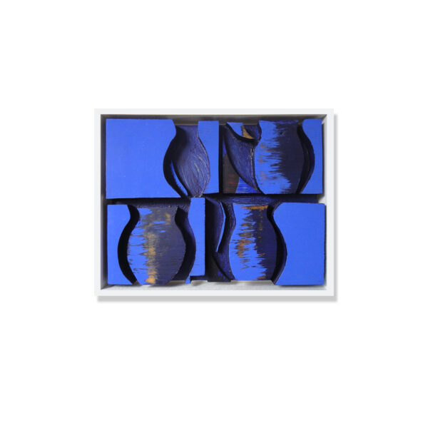 SOLD: Madeleine Tuckfield-Carrano ~ Four Blue Vessels, 2015. Wood salvage/Assemblage. 16x26cm. Framed.