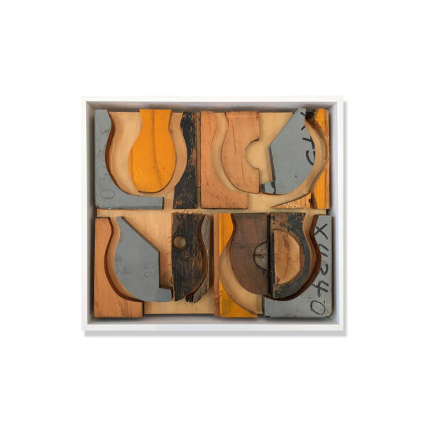 SOLD: Madeleine Tuckfield-Carrano ~ Four Vessels, 2016. Wood salvage/Assemblage. 23x26cm. Framed.