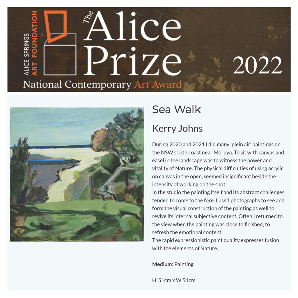 Congratulations to Gallery Artist Kerry Johns for her selection as finalist in the 2022 Alice Prize for Contemporary Australian Art Award with her painting, Sea Walk.