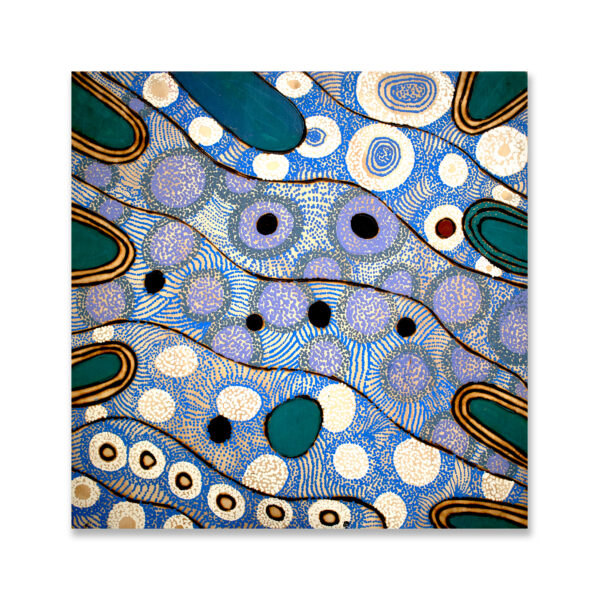 Kathryn Queama Kapi Tjukurla ~ Waterholes (WB-854), 2019 Approximate image size: 60x60cm, Walka Board: Acrylic paint/punu (wood burning on structa-ply wood).