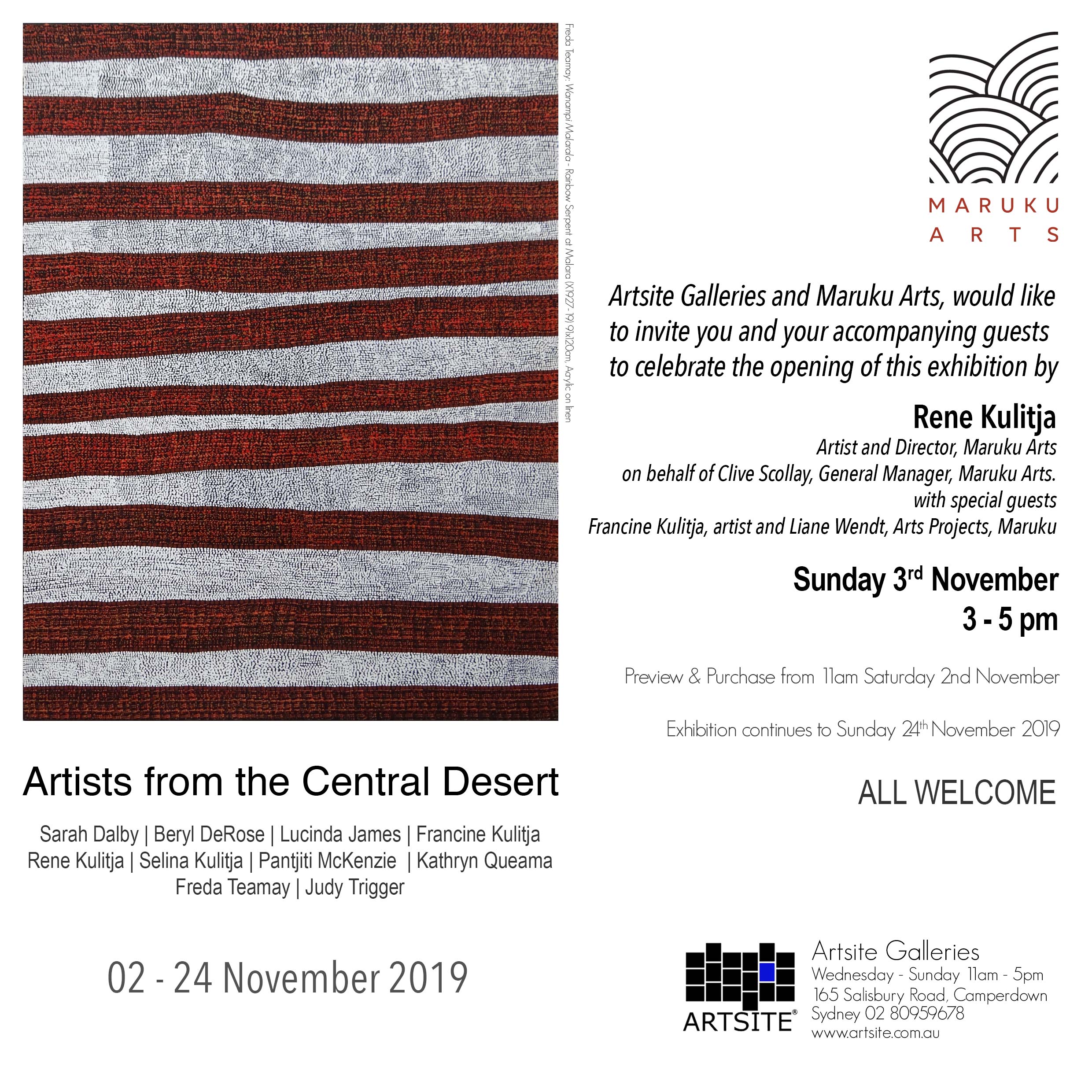 Artsite Contemporary Gallery | 02 -24 November 2019 | Artists from the Central Desert | Maruku Arts. Sarah Dalby | Beryl DeRose | Lucinda James | Francine Kulitja | Rene Kulitja | Selina Kulitja | Pantjiti McKenzie | Kathryn Queama | Freda Teamay | Judy Trigger.