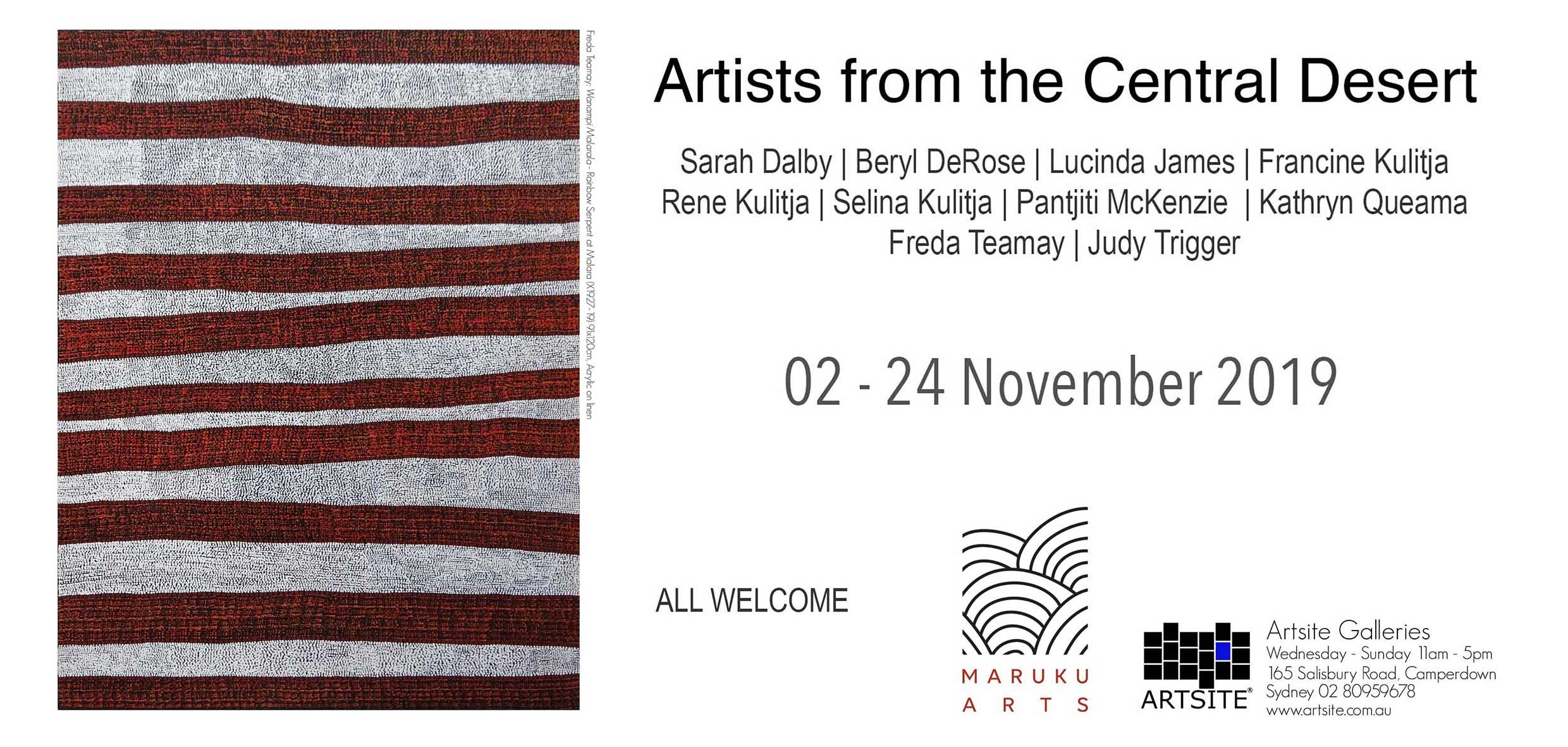 Artsite Contemporary Gallery | 02 -24 November 2019 | Artists from the Central Desert | Maruku Arts. Sarah Dalby | Beryl DeRose | Lucinda James | Francine Kulitja | Rene Kulitja | Selina Kulitja | Pantjiti McKenzie | Kathryn Queama | Freda Teamay | Judy Trigger.