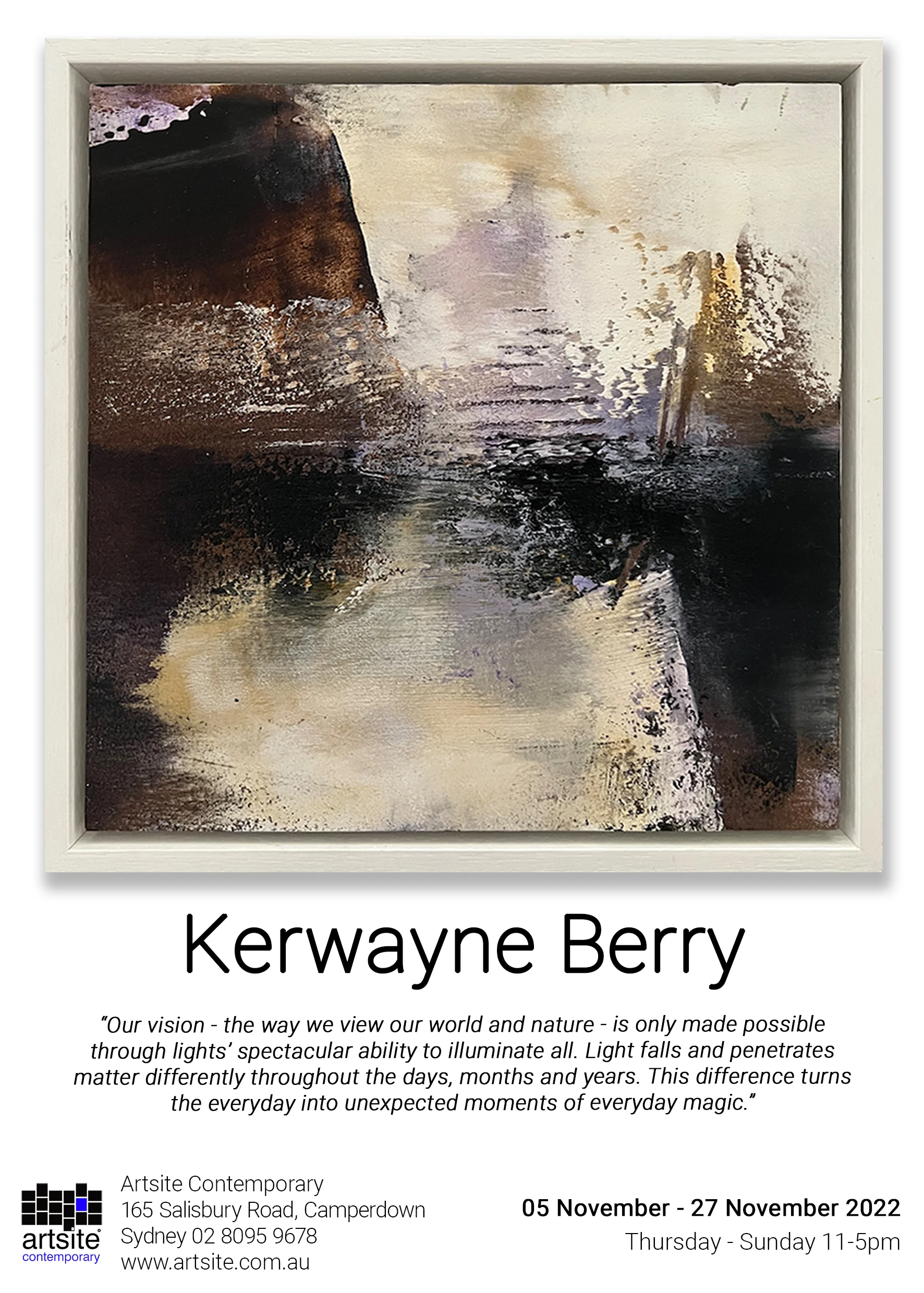 Kerwayne Berry: LIGHTFALL, solo exhibition 05-27 November 2022, Artsite Contemporary Galleries Sydney, Australia.