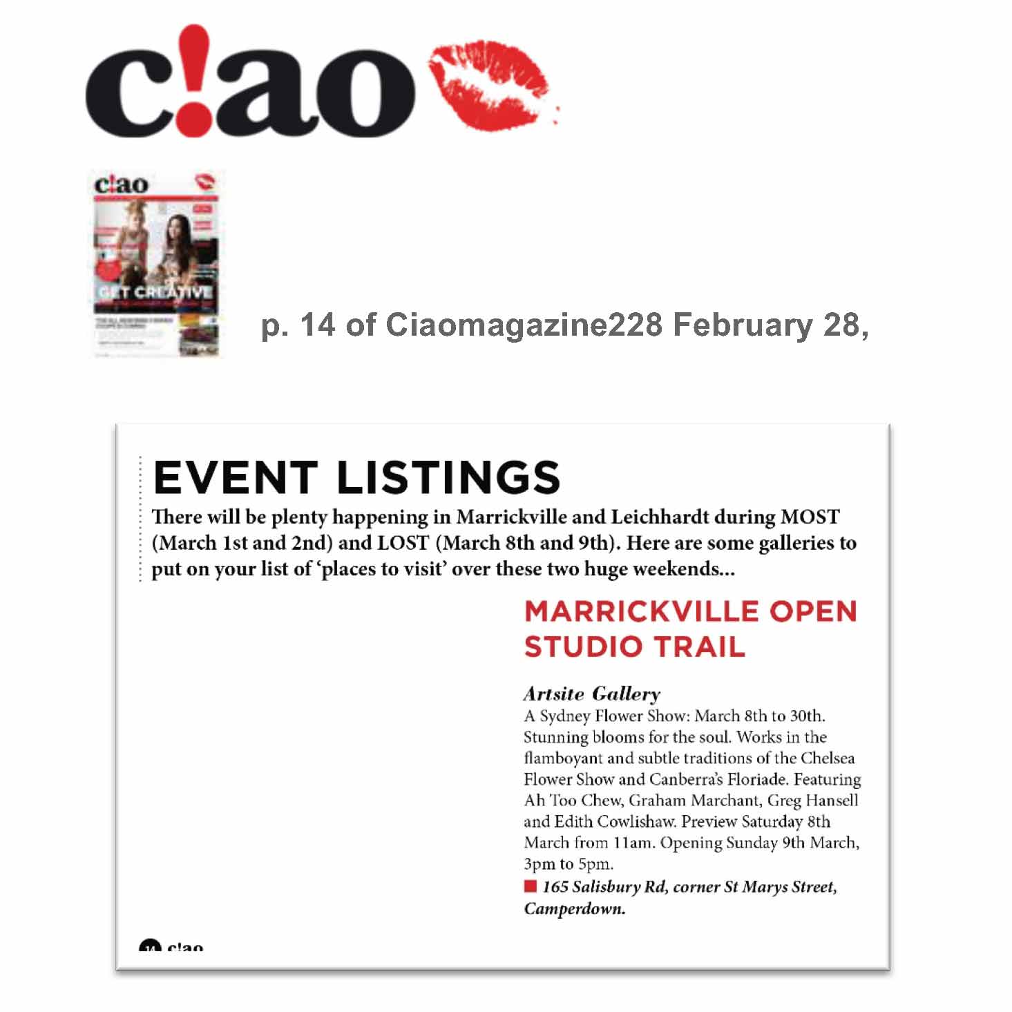 Ciao Magazine | Event Listings | Page 14 | February 28, 2014 | A Sydney Flower Show Artsite Contemporary Galleries, Sydney
