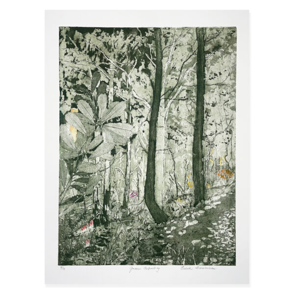 SOLD ~ ©Edith Cowlishaw: Green Tapestry 4/4 UF etching & hand colouring. Edith Cowlishaw etchings available Artsite Contemporary Australia.