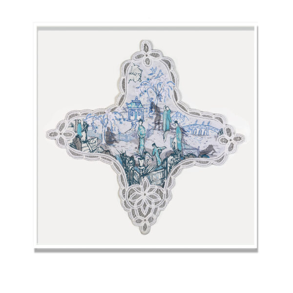 Christine Druitt Preston: A flight of Fancy (With a nod to Henri), 2021. Unique mixed media on vintage textile. Available Artsite Contemporary Sydney Australia.