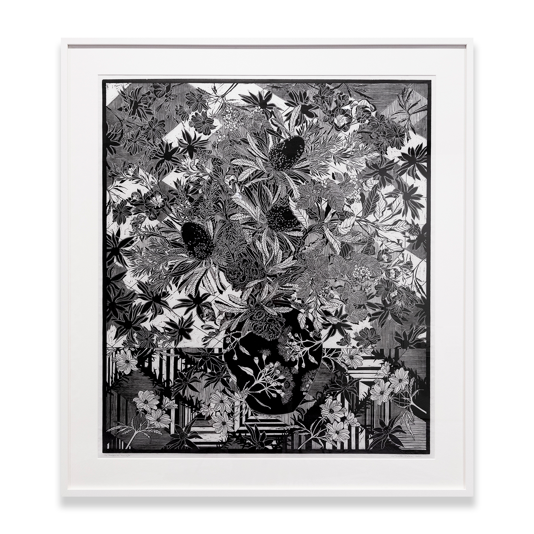 Christine Druitt Preston: Roadside Bouquet 1/3, 2022. (Framed) Hand rubbed Lino block print edition on Wenzhou paper, printed by Artist with a limited edition of 3. Framed Size: 120x107x7cm (Perspex).