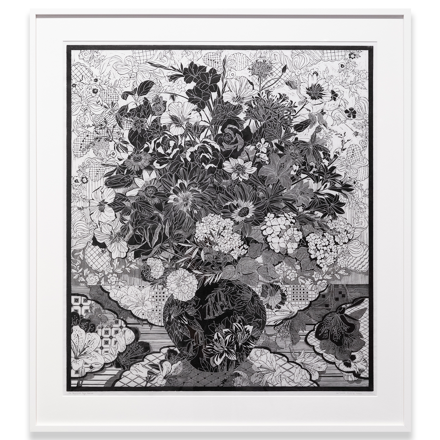 Christine Druitt Preston: Bouquet for Hazel 2/3, 2022. (Framed) Hand rubbed Lino block print edition on Wenzhou paper, printed by Artist with a limited edition of 3. Approximate framed Size: 120x107x7cm (Perspex). Available Artsite Contemporary Australia.