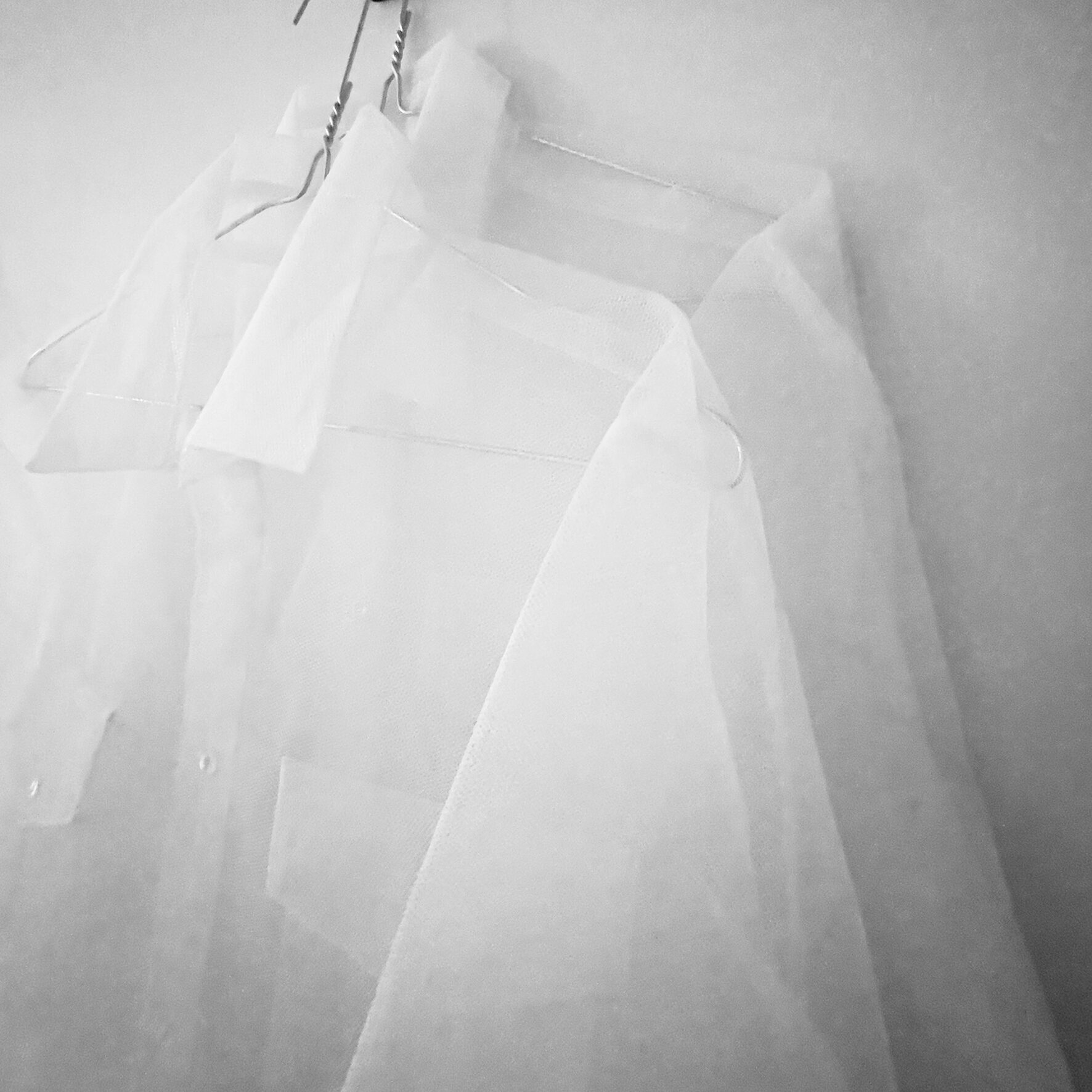 Detail - Christine Druitt Preston: Ghost Shirts, for two brothers (Maurice and Jack), 2022. Two Machine stitched tulle ghost shirts on metal hanger, on black coat hook. Size: Variable dimensions