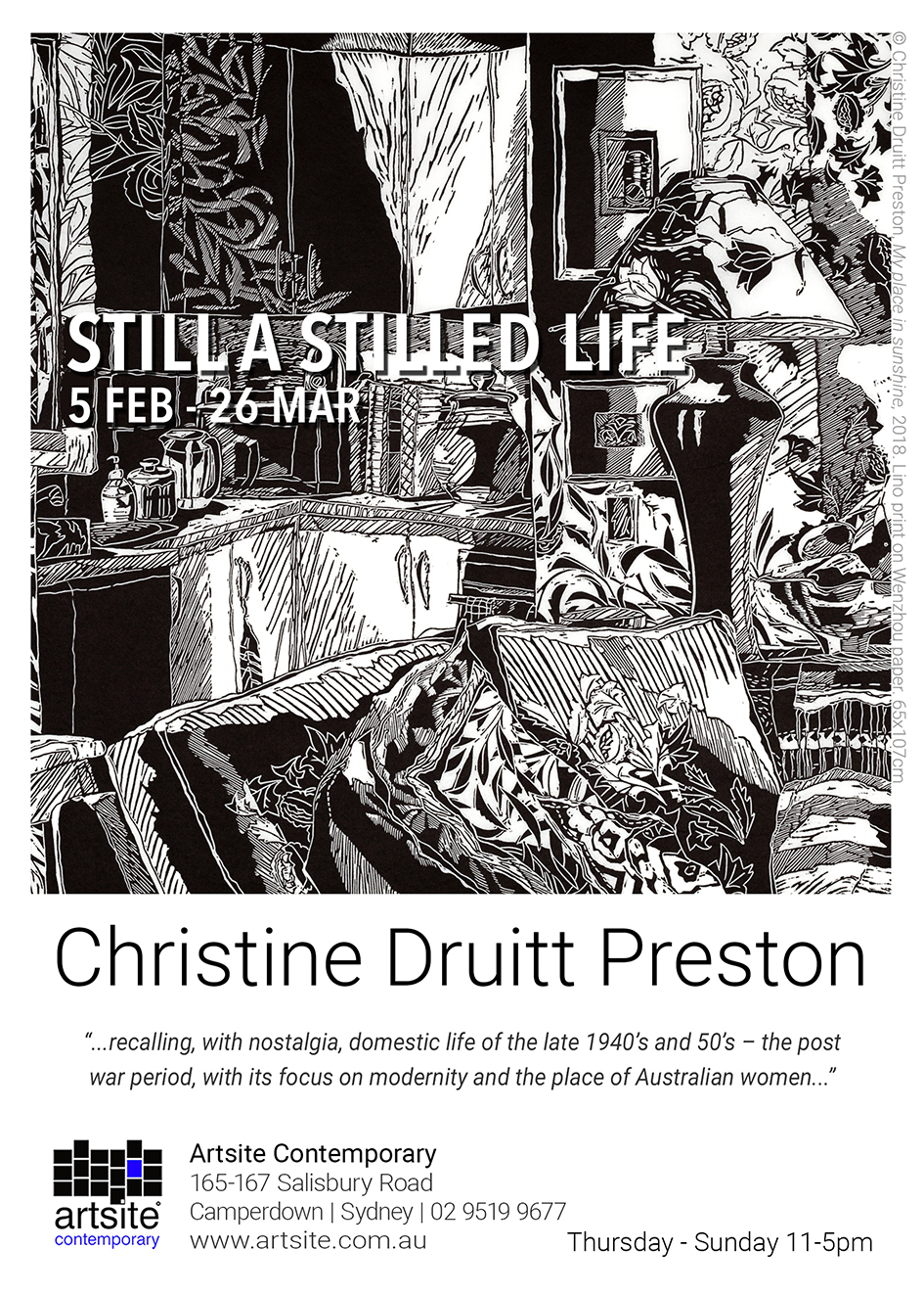 Christine Druitt Preston: Still A Stilled Life. Solo Exhibition 04 February - 26 March 2023. Artsite Contemporary Sydney, Australia.