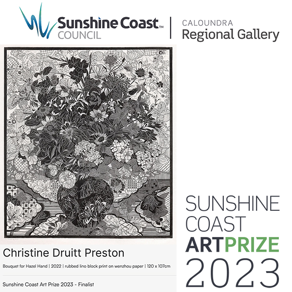 2023 Sunshine Coast Art Prize Finalist - Christine Druitt Preston: "Bouquet for Hazel", 2022 | Hand rubbed lino block print on wenzhou paper | 120 x 107cm.