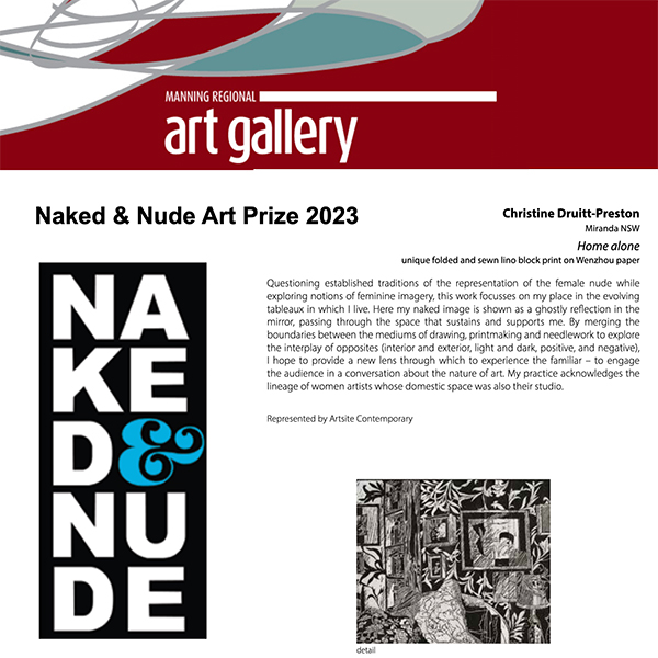 Christine Druitt Preston: 'Home Alone', selected as finalist Manning Regional Gallery's 2023 Naked & Nude Art Prize. 