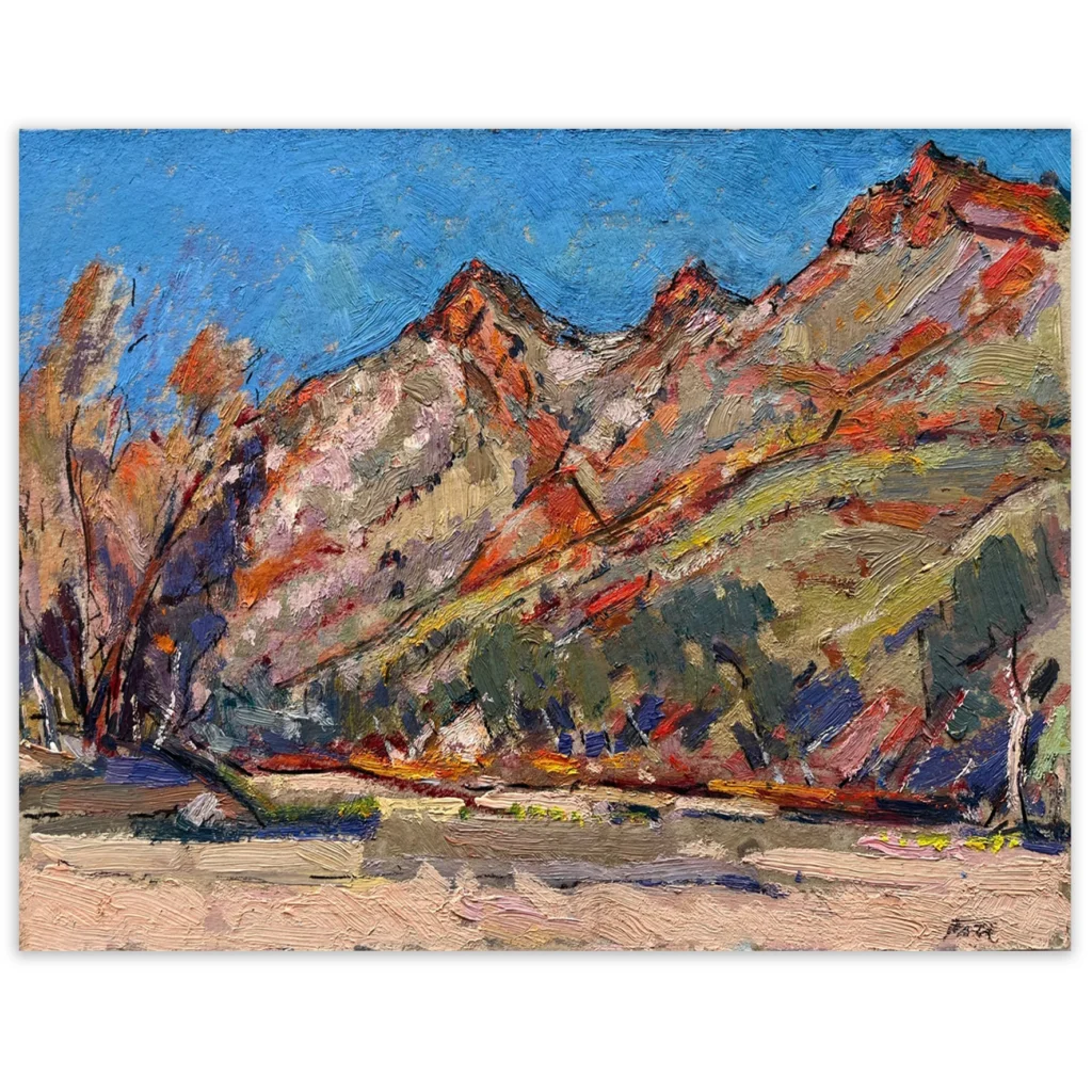 Daniel Pata: End of the Seven Sisters East Macdonnell rRanges, 2023. Oil on board. Image Size: 21cm x 30cm Framed size: 34x42cm