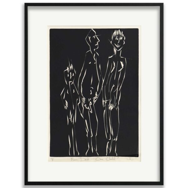 SOLD: Madeleine Tuckfield-Carrano ~ Mum, Dad, One child. A/P. Never editioned. Woodcut on Rag paper. 2023 Annual Collector’s Choice Exhibition Archive. Artsite Contemporary Sydney, Australia.