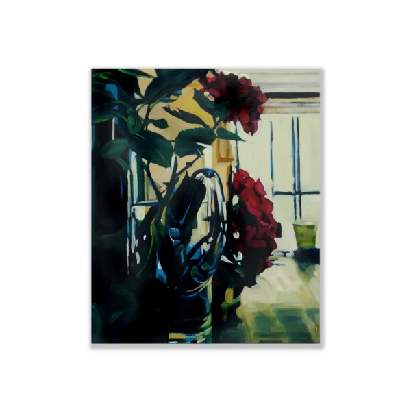 SOLD: Nikki Adams (Suebwongpat) In the Heat of the Day (Hydrangeas and Glass) 2019. Oil on linen 66x56cm | Artsite Contemporary, Sydney