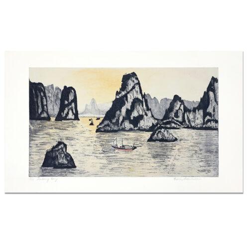 Edith Cowlishaw: Halong Bay 3/10 Etching/watercolour, Ed: 10. Image: 27x46cm. UF