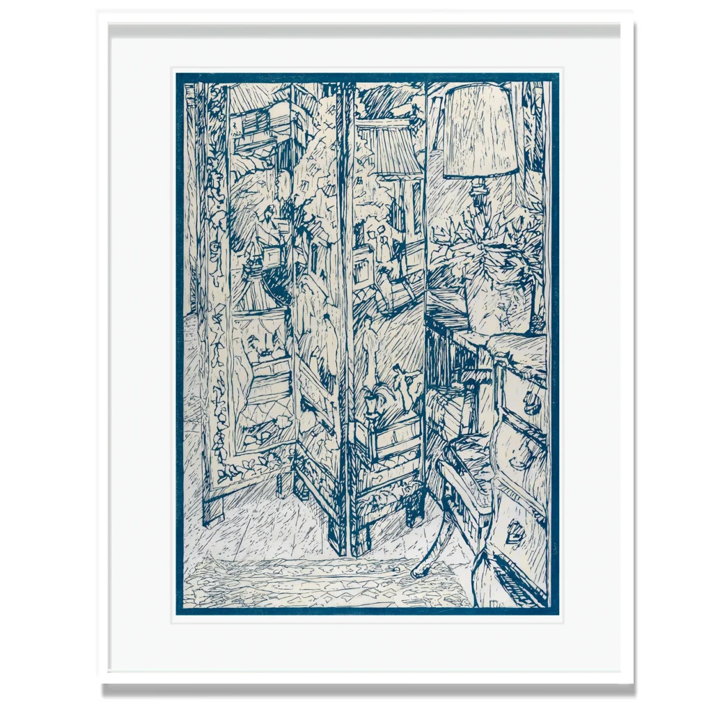 Christine Druitt Preston: The Chinese screen 2021, 2/5 Lino block print on Wenzhou paper (2 blocks). Editioned by artist. Image size: 79x56cm. Framed size: 108x78cm (white) *Received: Highly Commended Award 2021 KAAF Art Prize.