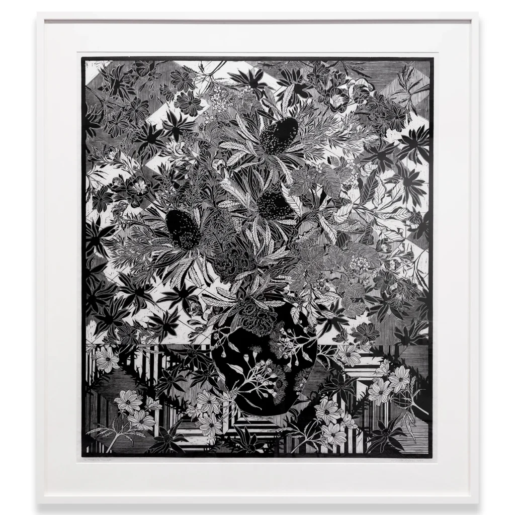 Christine Druitt Preston: Roadside Bouquet 1/3, 2022. (Framed) Hand rubbed Lino block print edition on Wenzhou paper, printed by Artist with a limited edition of 3. Framed Size: 120x107x7cm (Perspex).