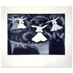 Edith Cowlishaw: Whirling Dervishes 11/15 Etching, aqua tint, hand coloured, Ed: 15. Image: 25x35cm. UF