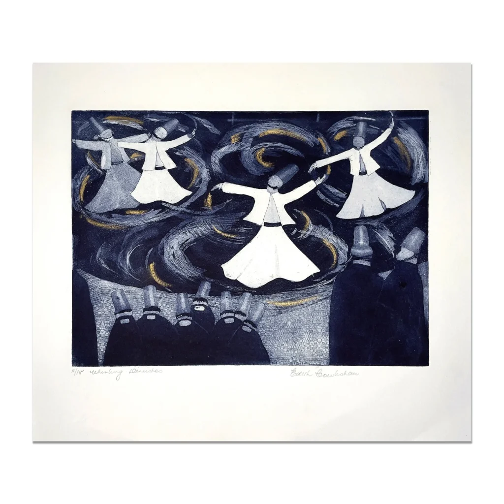 Edith Cowlishaw: Whirling Dervishes 11/15 Etching, aqua tint, hand coloured, Ed: 15. Image: 25x35cm. UF