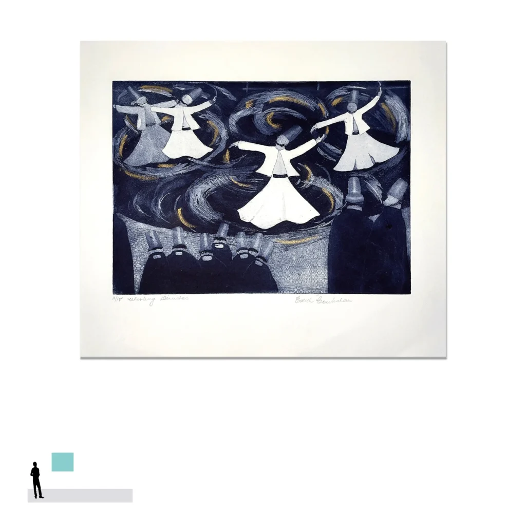 Edith Cowlishaw: Whirling Dervishes 11/15 Etching, aqua tint, hand coloured, Ed: 15. Image: 25x35cm. UF