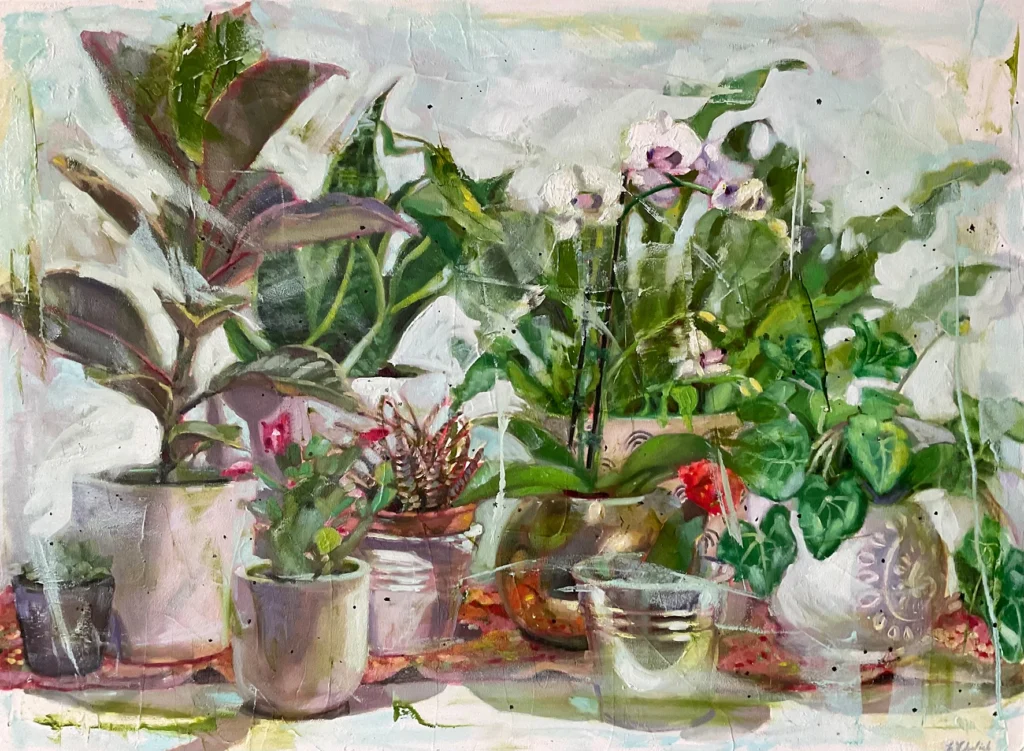 Erika Cholich: Potted houseplants, 2022 Oil on birch-board. Image Size: 56cm x 76cm